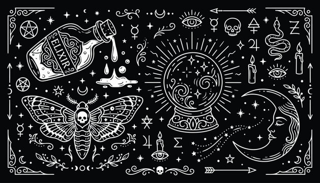 Mystical esoteric collection with magic elixir bottle and crystal ball on black background