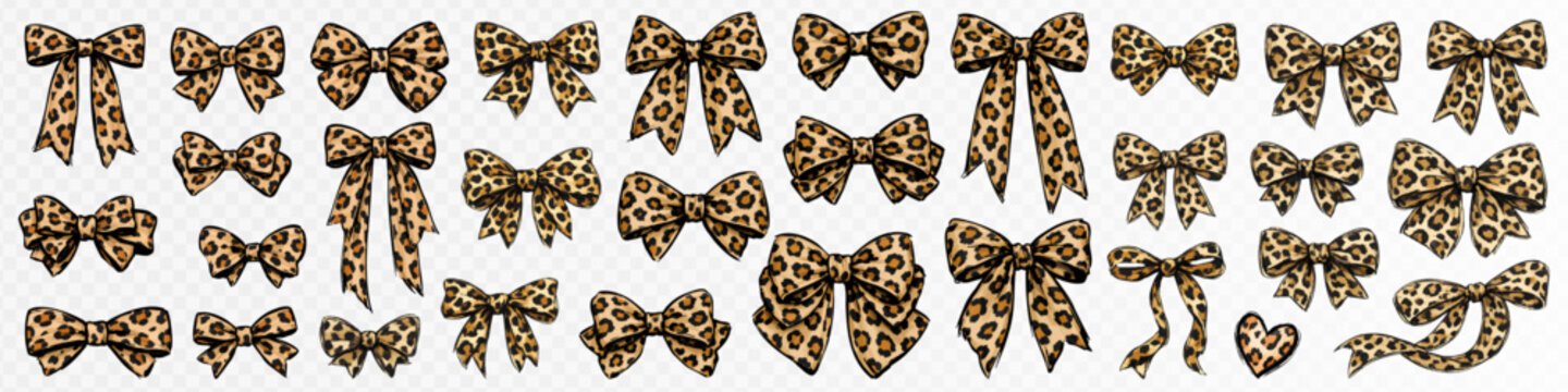 Large set of leopard print bows, heart shapes and ribbon elements in playful coquette style, trendy animal pattern clipart collection for stickers, cards and boutique decor. Vector illustration