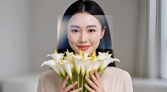 Young woman holding a bouquet of white calla lilies with soft lighting