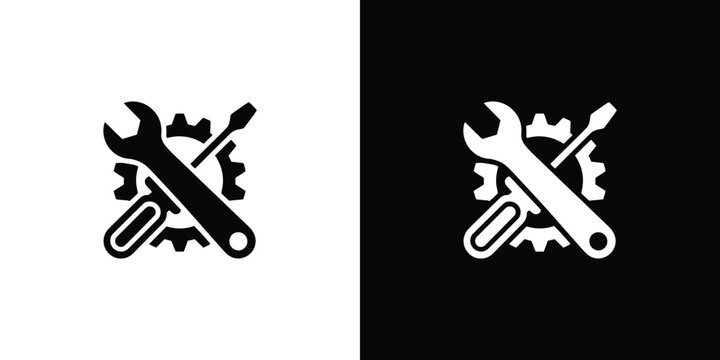 Black and white of screwdriver and wrench on gear tools