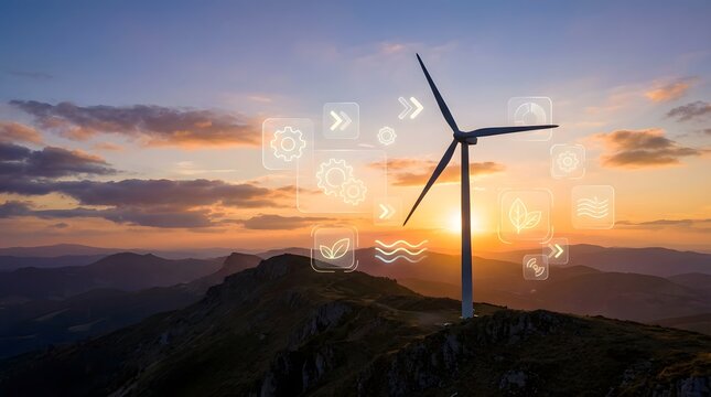Silhouette of a wind turbine on a mountain peak at sunset with digital icons symbolizing renewable energy and smart technology