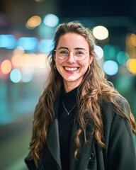 Obraz premium A young woman with glasses smiles brightly at night, city lights blurred in the background.