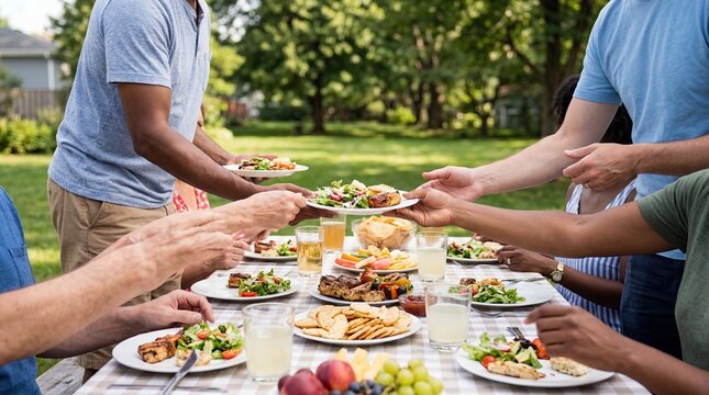 Diverse friends and family gathering for an outdoor summer picnic in a sunny backyard passing plates of grilled food and fresh salad sharing a healthy meal together in a natural setting