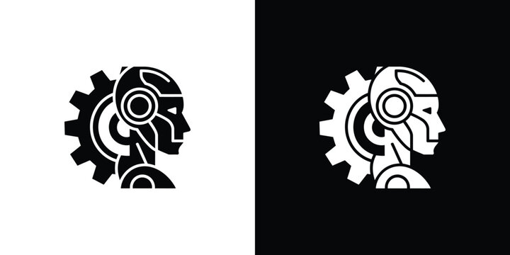 Black and white robot head with gear on white and black background