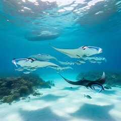 Naklejka premium Underwater ballet - Majestic manta rays gracefully gliding through the ocean.