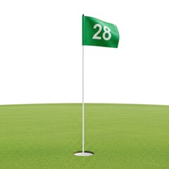 Obraz premium Golf course flag with number 28 on lush green field under bright daylight