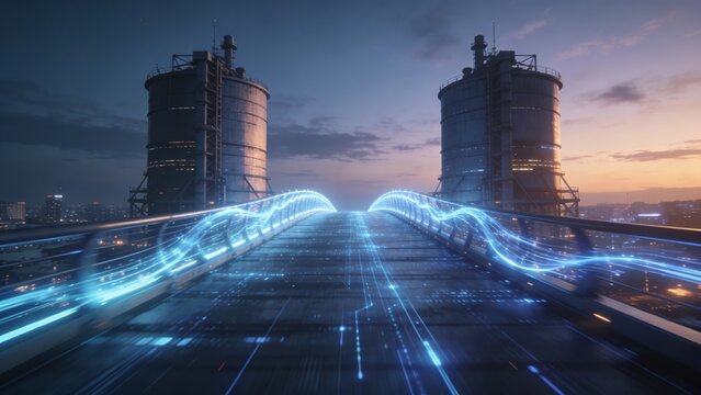 Futuristic data connection bridge linking digital data silos in a glowing blue tech cityscape at twilight