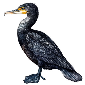 Cormorant, watercolor illustration featuring playful movement and lively expressions, isolated on a white background.