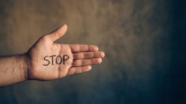 A person's open hand with the word "STOP" written on the palm, against a dark, blurred background, conveying a message of warning or halt.