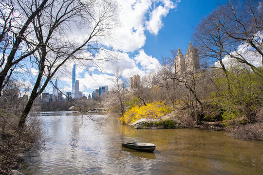 Scenic view of Central Park in New York City in the spring with lake in view