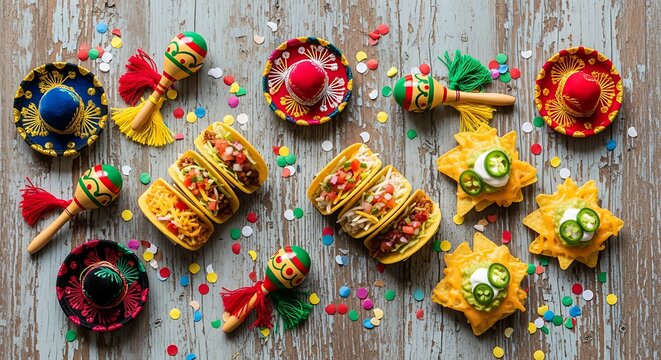 Colorful Mexican fiesta food and party accessories on wooden table with tacos, sombreros, maracas and confetti, festive celebration