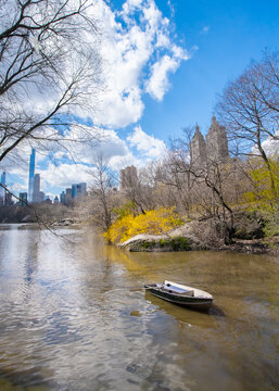 Scenic view of Central Park in New York City in the spring with lake in view