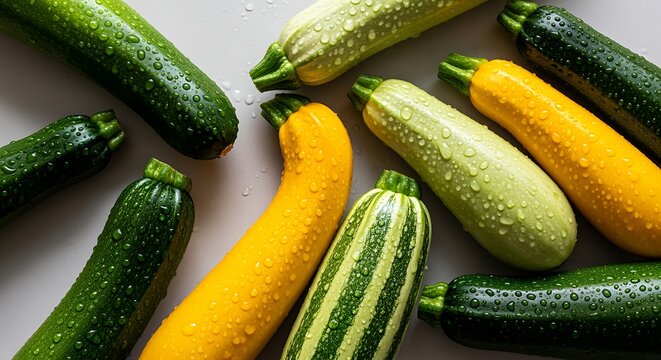 Fresh zucchinis and yellow squash with water droplets on a white surface, healthy eating and vegetable variety