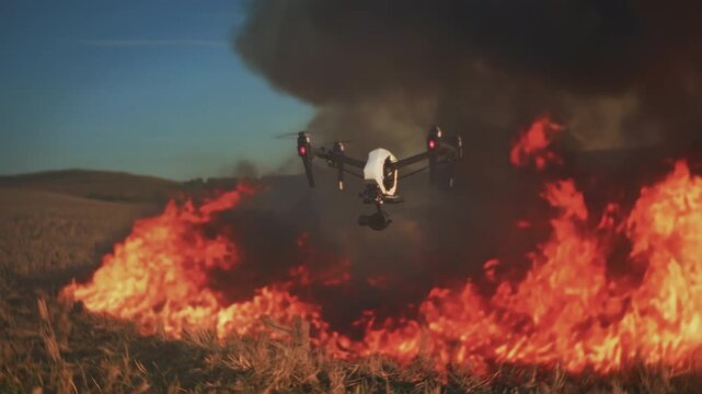 Drone monitors fire, Aerial drone surveys and records data amid dangerous wildfire smoke and towering flames