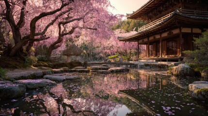 Naklejka premium Cherry Blossom Festival in kyoto pagoda cherry blossom courtyard dense sakura blossom forest petals slowly falling to water surface
