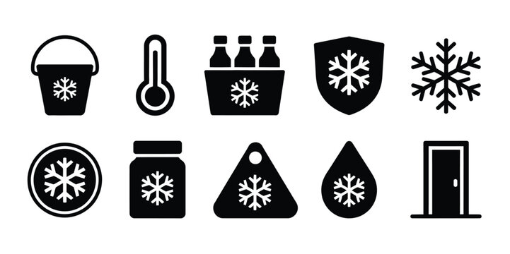 Cold Storage Refrigeration Solid Style Icon Set for Industrial Temperature Control