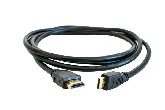 Black HDMI cable isolated on transparent background.
