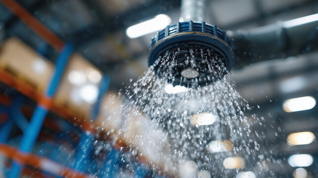 Macro view of a fire sprinkler head actively spraying water, ceiling pipes and warehouse interior partially visible, water droplets in motion, illustrating industrial fire preventi