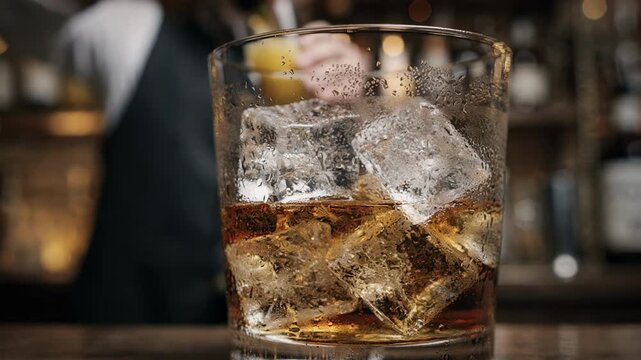 Closeup on the mixing glass with ice and spirits frosted and condensation detailed as the bartender pours in the background out of focus.