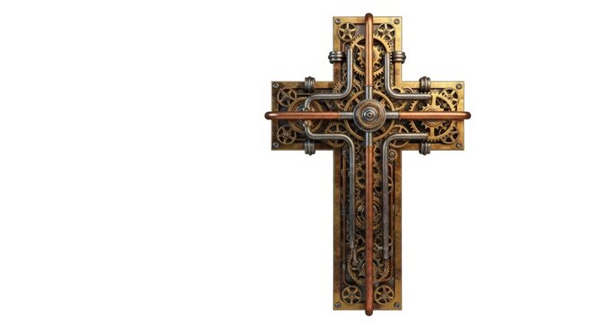 Ornate gold cross on white background.