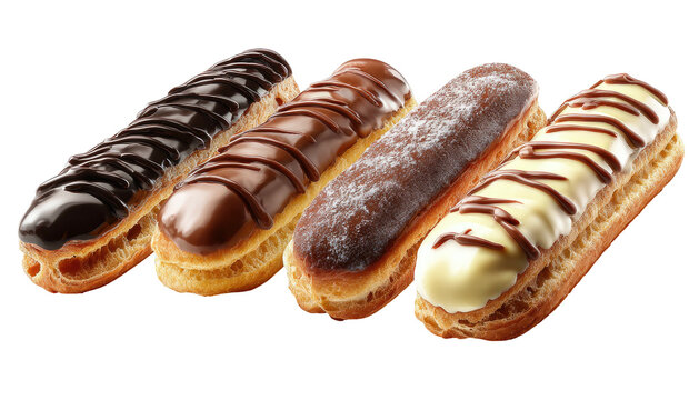 Four assorted cream-filled pastries, featuring various chocolate, powdered sugar, and vanilla glazes