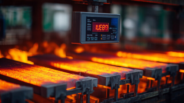 Macro view of carbon steel blades undergoing heat treatment in oven, pyrometer display showing critical hardening temperature, warm glow reflecting on metal surfaces, emphasizing p