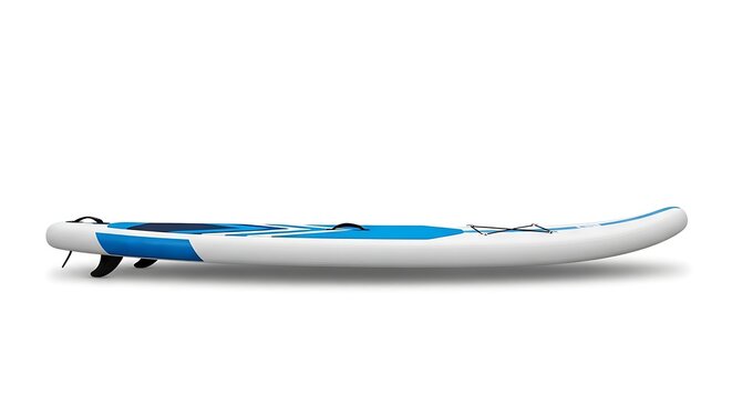 A blue and white inflatable stand-up paddleboard is seen from the side with a fin.