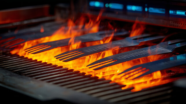 Detailed view of multiple knife blades heating in a controlled oven, metal surfaces reflecting orange heat, pyrometer display showing precise values, highlighting custom cutlery pr