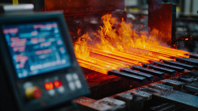 Close-up of glowing steel blades during heat treatment, pyrometer screen nearby displaying exact temperature, oven interior visible, highlighting controlled hardening process in kn