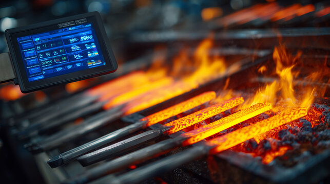 Close-up of glowing steel blades during heat treatment, pyrometer screen nearby displaying exact temperature, oven interior visible, highlighting controlled hardening process in kn