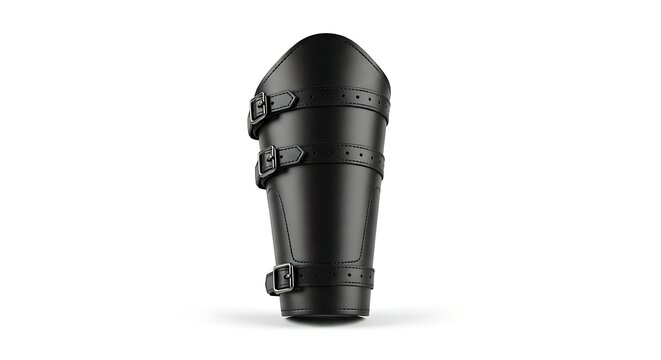 A black leather archery armguard with three prominent buckles is meticulously displayed on a stark white background.