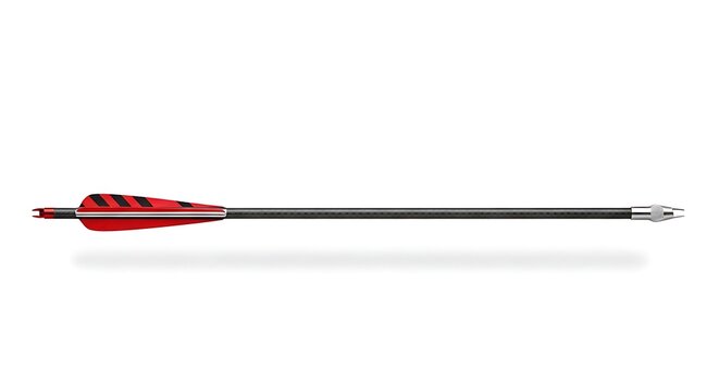 A single, black carbon archery arrow with red fletching and a silver tip is horizontally aligned on a white background.