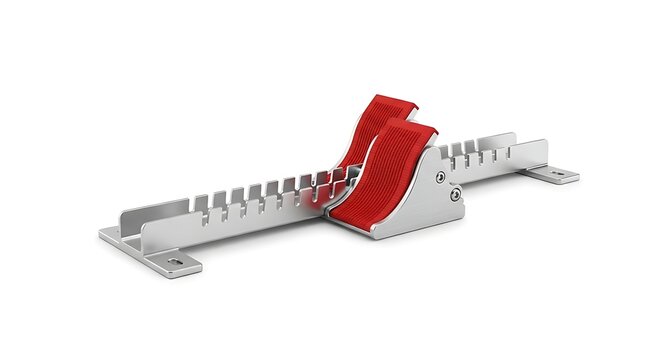 A silver metal starting block with red foot pedals used for sprint races on a white background.