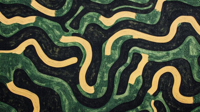 Abstract Wavy Pattern in Green and Yellow on Dark Background