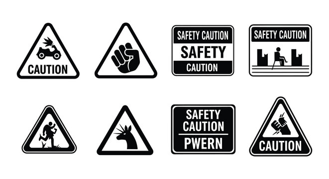 Collection of black and white road signs with varying symbols and text