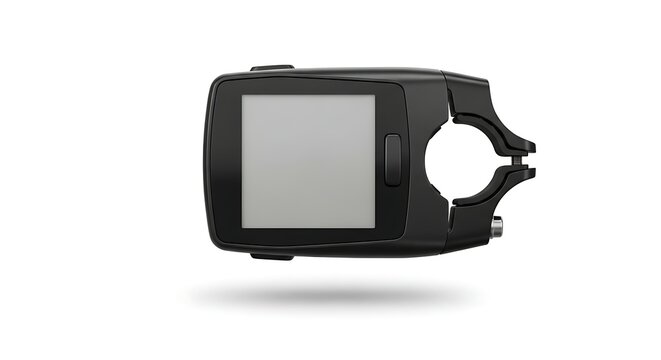 A compact black bicycle computer or GPS device attached to a handlebar mount on a white background.