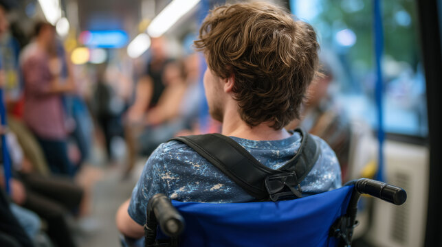 Wide-angle view of young adult seated in priority area of subway train, relaxed posture, surrounding passengers standing, subtle focus on accessibility for those with hidden disabi