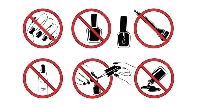 Prohibited items featuring nail polish and manicure tools in red circles