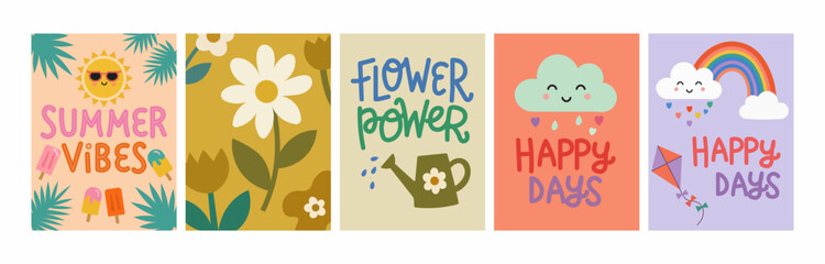 Playful summer poster collection featuring cute illustrations, flowers, sunshine, and colorful elements in a fun kids style. Perfect for children designs, greeting cards, social media content © Tech Nova