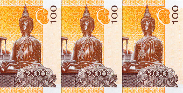 100 Riel Cambodian banknote featuring Temple of the Emerald Buddha. Cambodian money.
