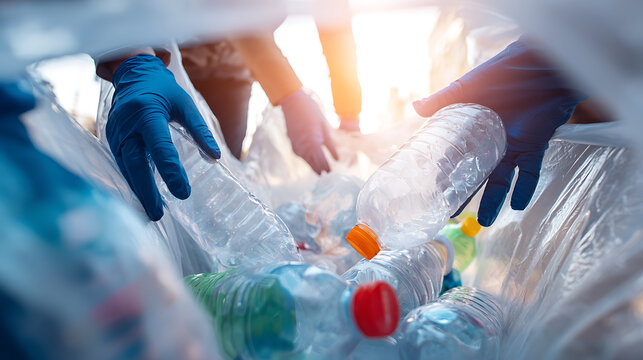 Hands in blue gloves sort clear plastic bottles into a recycling bag, illuminated by bright sunlight, embodying environmental responsibility and waste management action