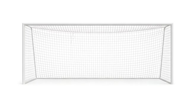 A full front view of a white metal soccer goal with a net is perfectly centered on a clean white background.