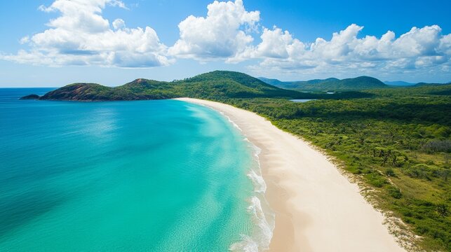 Serene Tropical Beach with Turquoise Waters and Lush Greenery