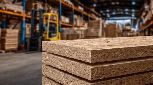 Close-up of stack of cut chipboard panels, edges smooth and ready for assembly, workshop lighting showing texture of wood particles, medium-sized production setting