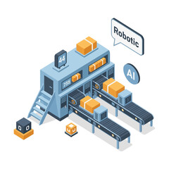Fototapeta premium An isometric illustration of a robotic factory with AI technology and conveyor belts