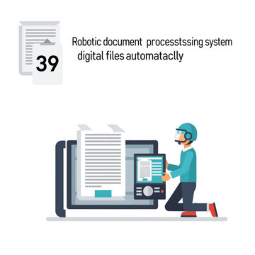 A cartoon man using a robotic document processing system