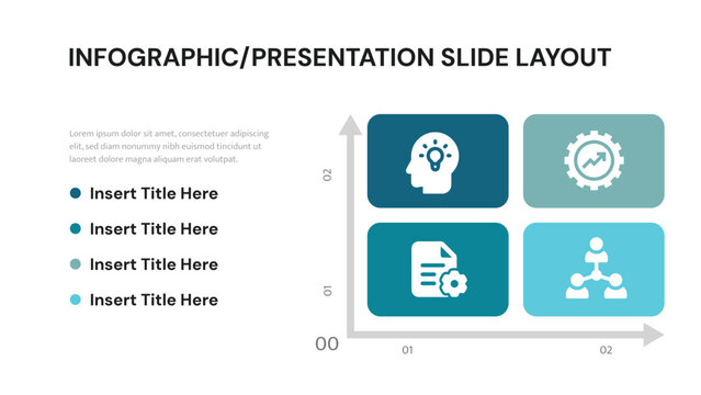 Infographic slide layout with quadrant matrix and business concept icons