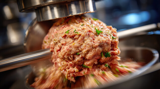 Mid-shot of minced meat being poured from cutter into a stuffer machine, smooth motion of meat flow, industrial production environment with polished surfaces