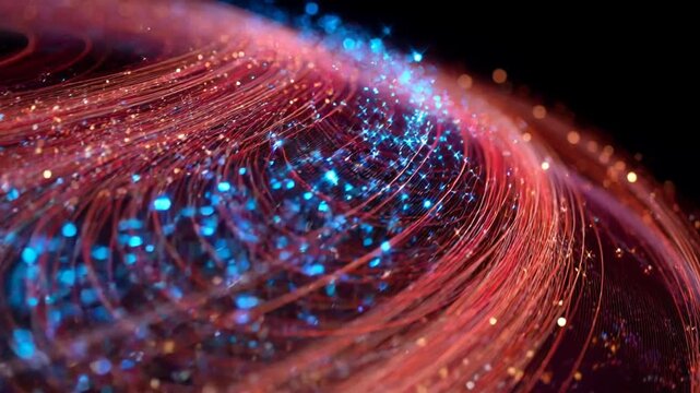 Fiber optic light trail data network glowing line blue bokeh red abstract digital wave technology background neon light motion blur global connection digital globe cyber space big data particle trail