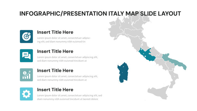 Italy map infographic presentation template with editable regions and icon options